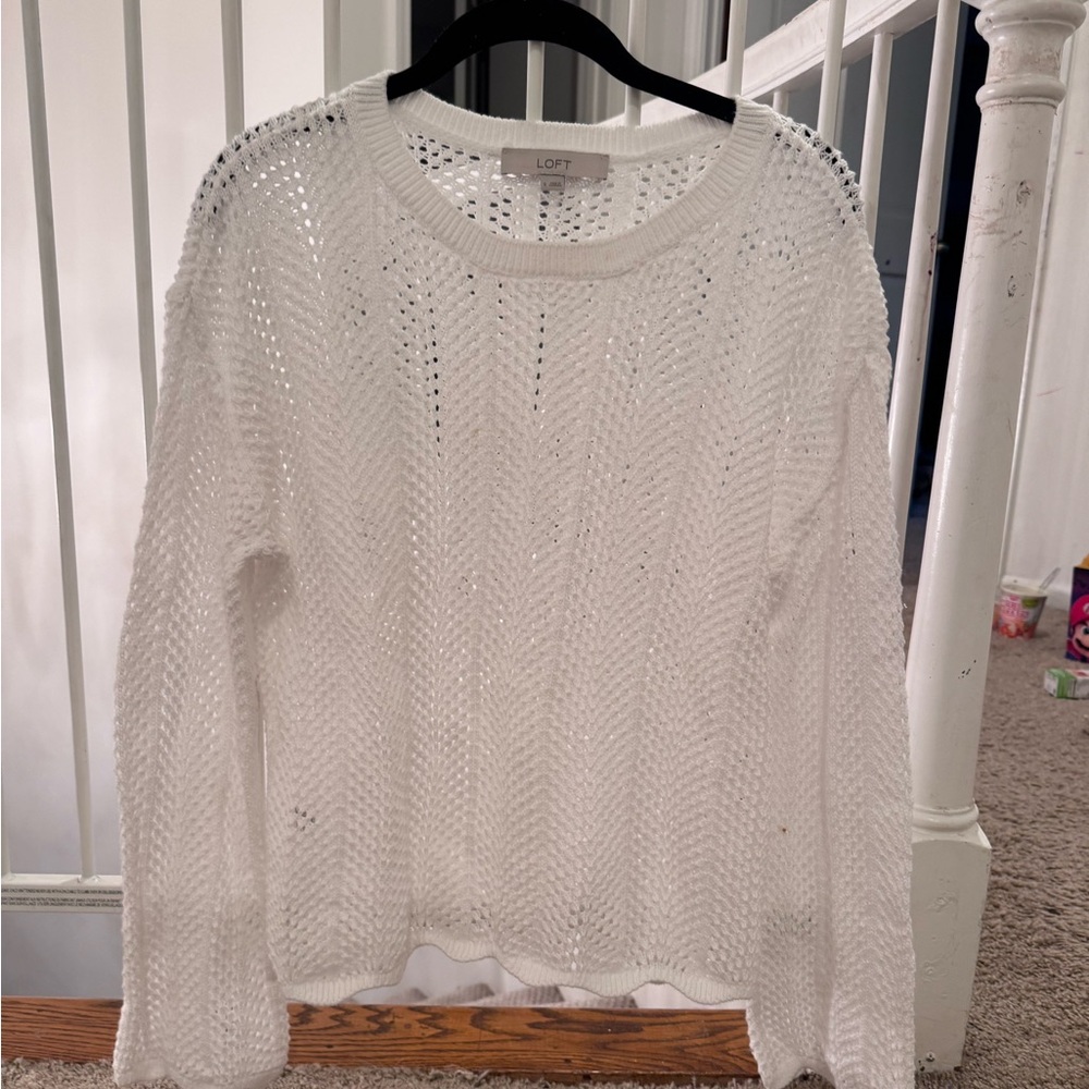 LOFT White Open-Knit Crewneck Sweater Size Small
